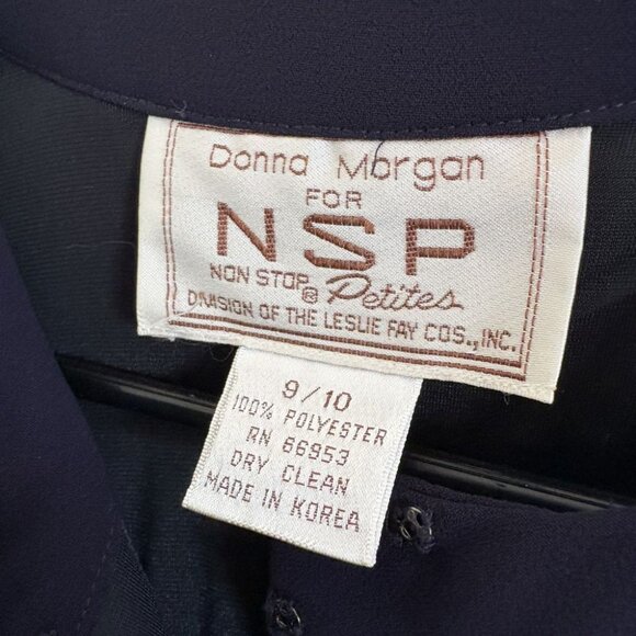 vintage 80s dress navy blue pleated bow military secretary midi tea dress M - Picture 9 of 9